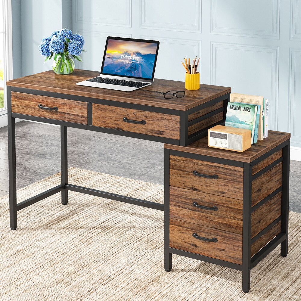 Reversible Computer Desk with 5 Drawers  Home Office Desk with File Cabinet Drawer Printer Stand