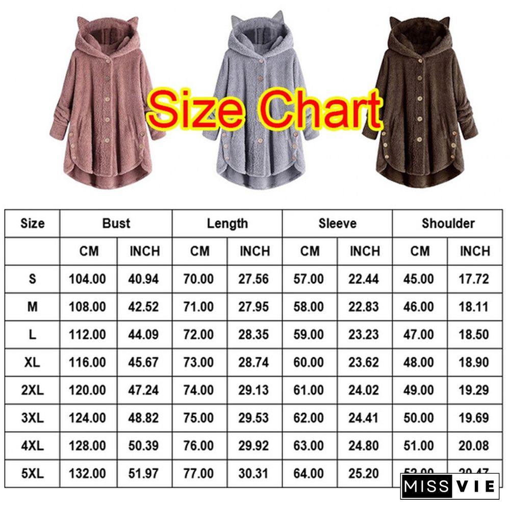 Autumn and Winter Fashion Women's Button Hooded Coat Cute Cat Ears Plush Hoodies Irregular Solid Color Cardigan Coat