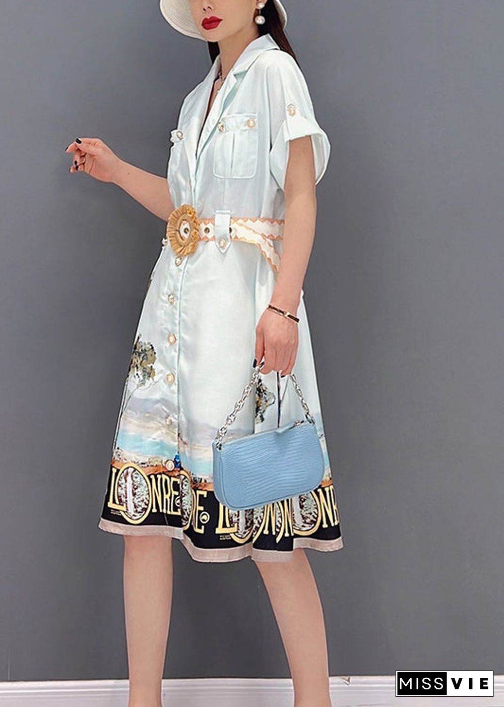 Beautiful White Button Peter Pan Collar Pockets Print Silk Shirt Dress Short Sleeve