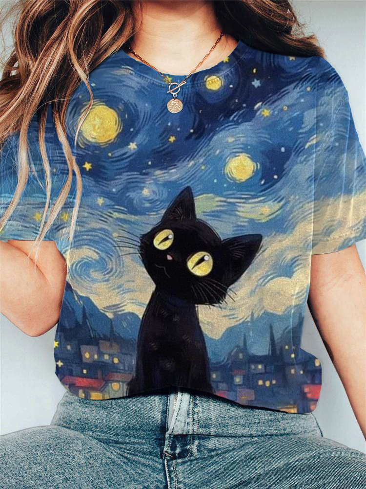 The Starry Night Cat Oil Painting Print T-shirt