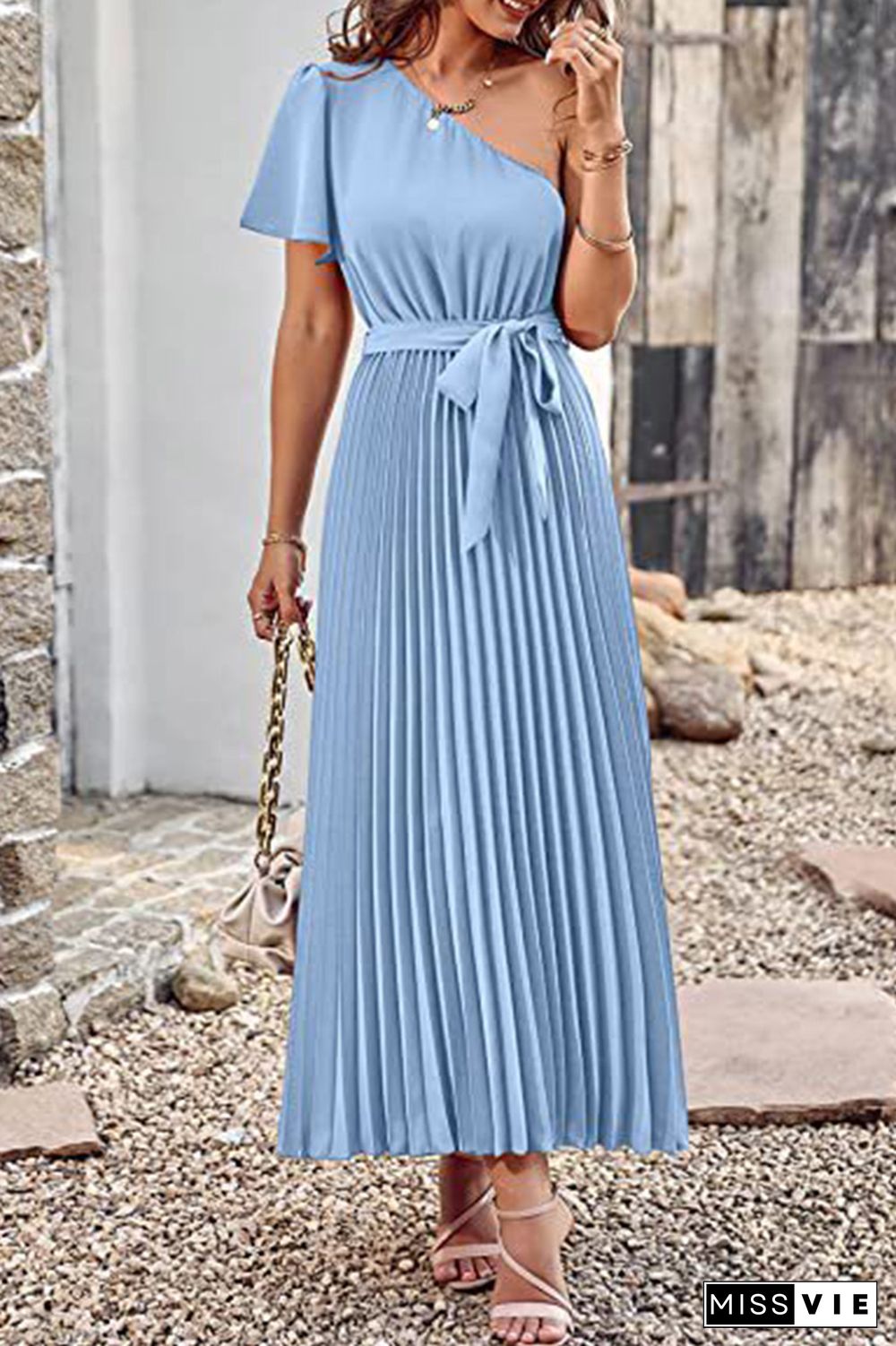 One SHoulder Short Sleeve Smock Maxi Dress