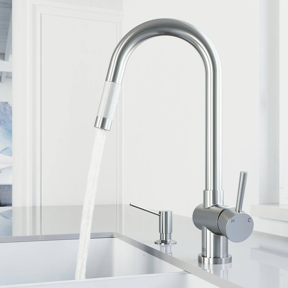 VIGO Gramercy Single Handle Pull-Down Spout Kitchen Faucet Set with Soap Dispenser in Stainless Steel VG02008STK5