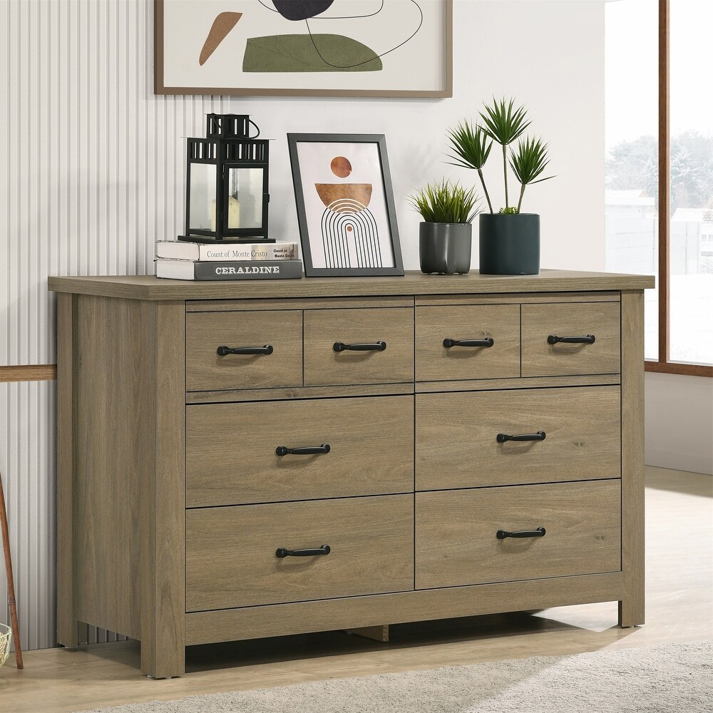 Oak Finish Dresser with 6 Drawers and Black Handles