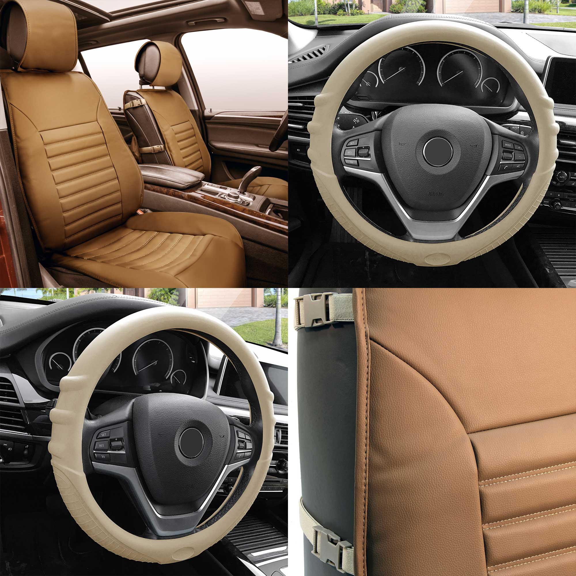 FH Group， Leather Cushion Car Seat Pad Covers Front Buckets Beige W/ Steering Cover