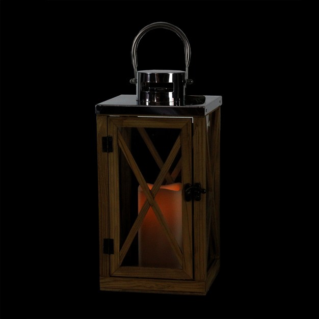 Rustic Wood And Stainless Steel Lantern With Led Flameless Pillar Candle With Timer