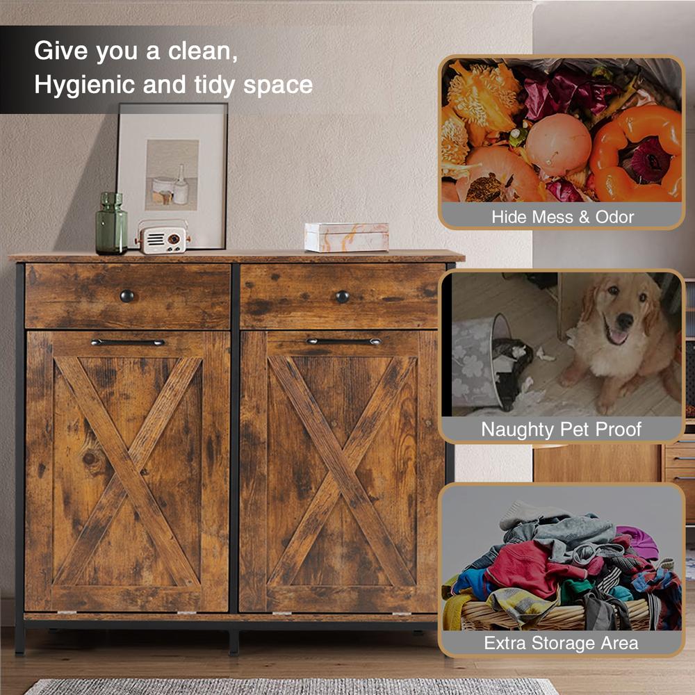 Eclife 39.4 Double Style Tilt Out Trash Cabinet Dual Rustic Wooden Kitchen Trash Cabinet with Barn Door and Solid Hideaway Drawer