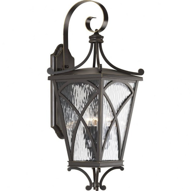 Progress Lighting Cadence 3 light Wall Lantern Oil Rubbed Bronze Glass Mediterranean Style Clear Water Glass Panels