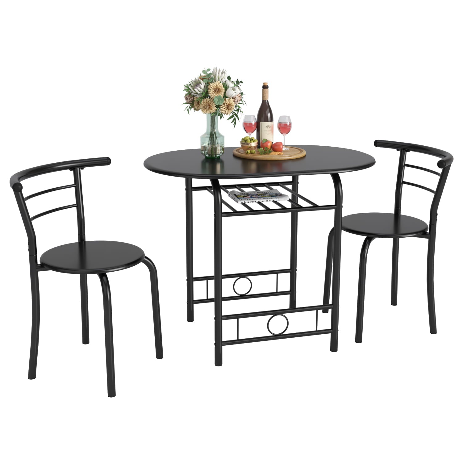 Furmax 3 Piece Wood and Metal Dining set, Small dining table for 2 ,for Living Room, Dining Room, Kitchen,Black/Natural