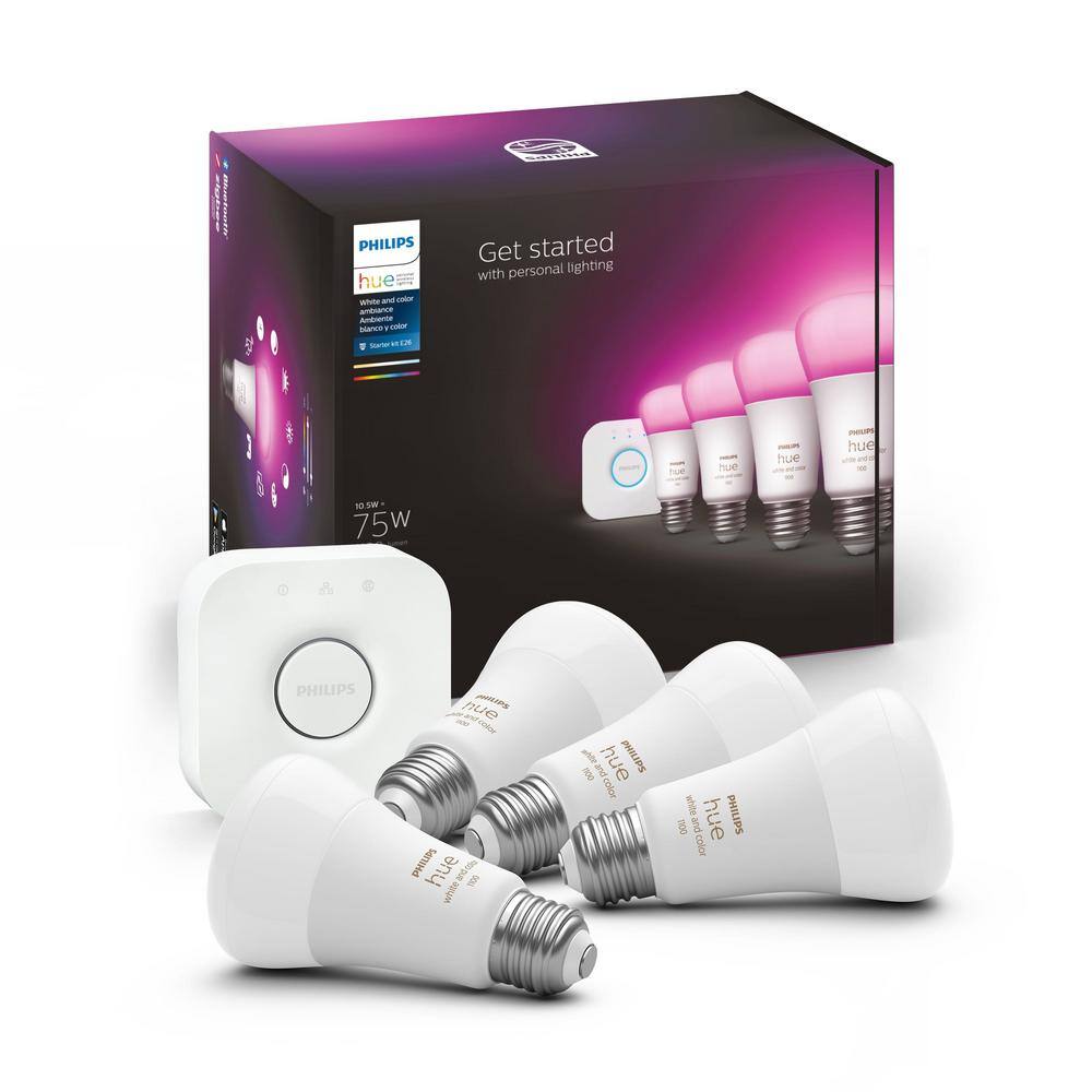 Philips Hue 75-Watt Equivalent A19 Smart Wi-Fi LED Color Changing Light Bulb Starter Kit (4 Bulbs and Bridge) 563296