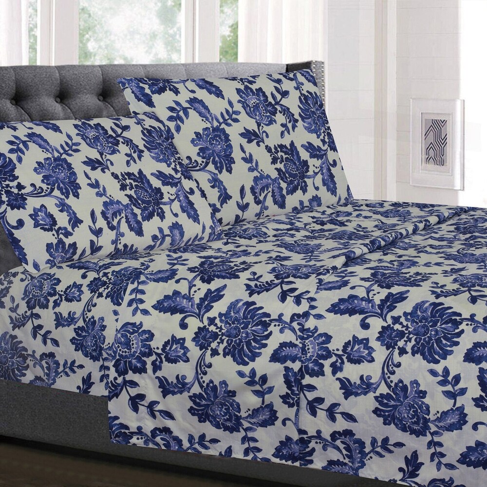 Tuscany Navy Floral 4 Pcs Microfiber Sheet Set