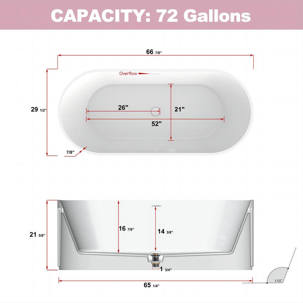 Abruzzo 67 in. x 29.5 in. Freestanding Soaking Solid Surface Bathtub with Center Drain in Matte White 23S13-67