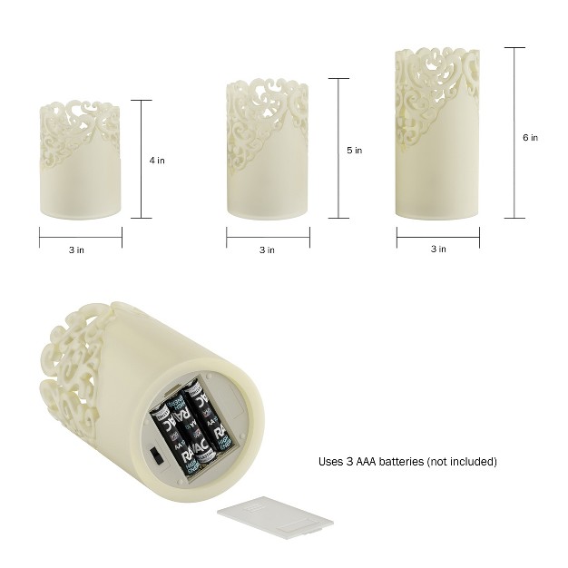 Hastings Home Lace detailed Flameless Remote controlled Candles Vanilla Scented Set Of 3