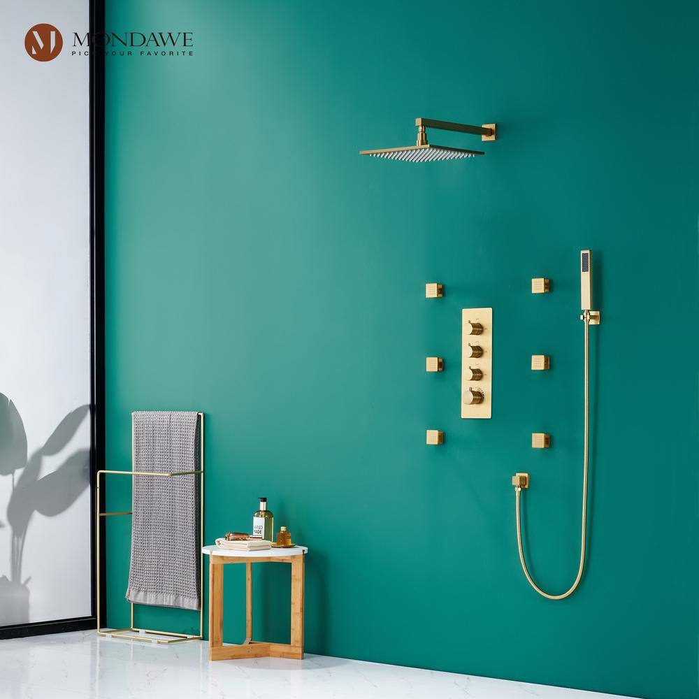 Mondawe Luxury LED Thermostatic 3-Spray Patterns 12 in. Wall Mount Rain Dual Shower Heads with 6-Jet in Brush Gold WF-6374-12-BG