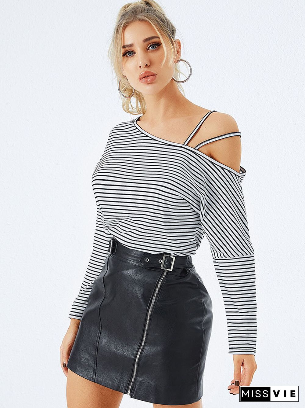 Stripe Print Irregular One Shoulder Strap Long Sleeve T-shirt