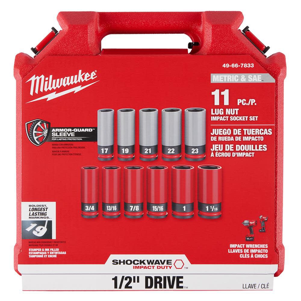 Milwaukee SHOCKWAVE Impact Duty Socket 1/2 Drive SAE & Metric Lug Nut Wheel Set 11pc 49-66-7833 from Milwaukee