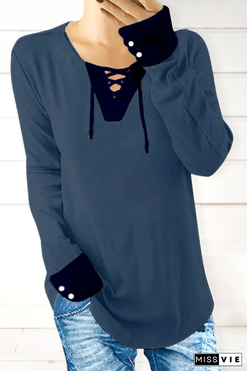 Lace Up Button Cuff Long Sleeve Blouse