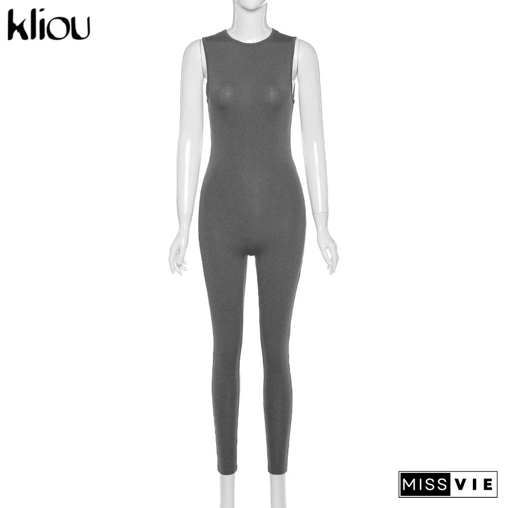 Kliou new jumpsuit women elastic hight casual fitness sporty rompers sleeveless zipper activewear skinny summer outfit