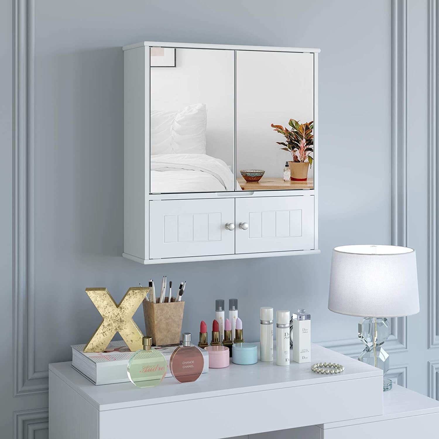 Homfa Medicine Cabinet, Wall Mount Mirror Cabinet with Door & Shelves for Bathroom, White