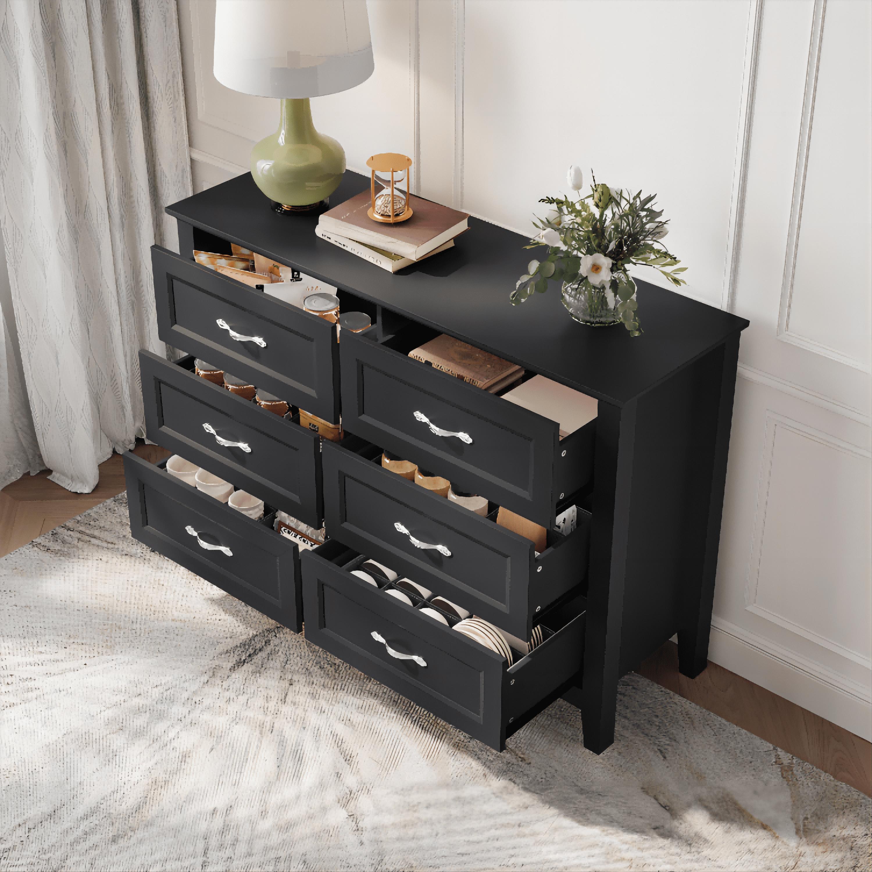 LINSY HOME Dresser for Bedroom, Long Dresser with 6 Drawers and Antique Handles, Chest of Drawers for Living Room, Entryway and Hallway, Black