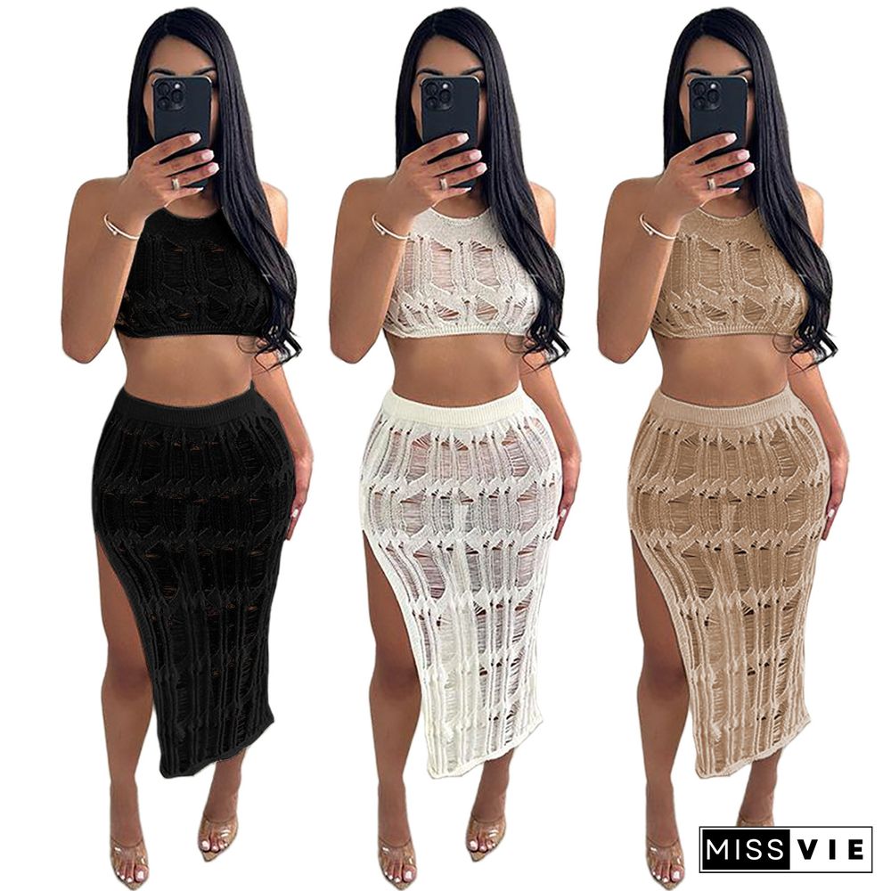 New Arrival Beach Vest Knitted Skirt Slit Sexy Suit