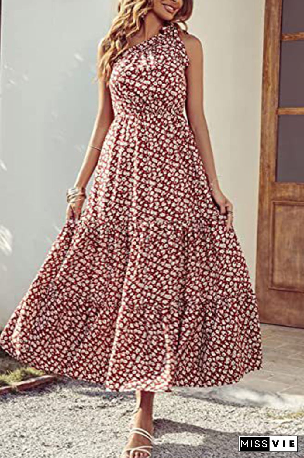 Floral Print One Shoulder High Waist Dress Wholesale