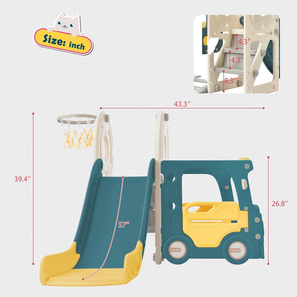 4-In-1 Yellow 4.4 ft. Slide for Kids Toddler Climber Bus Slide Set with Basketball Hoop LN20232399