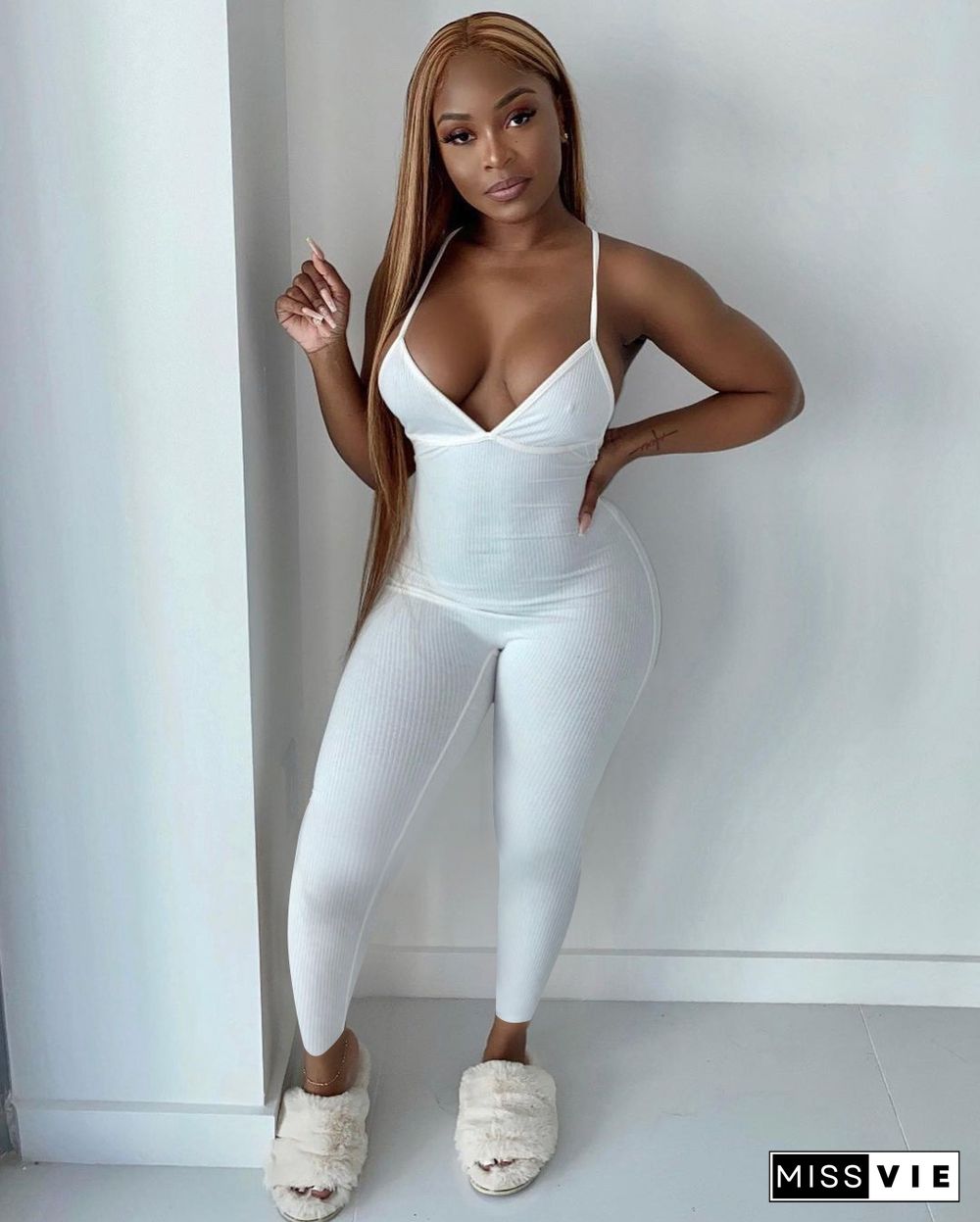 Women Sleeveless V-Neck Solid Ribbed Open Back Cross Summer Activewear Sexy One Piece Jumpsuit