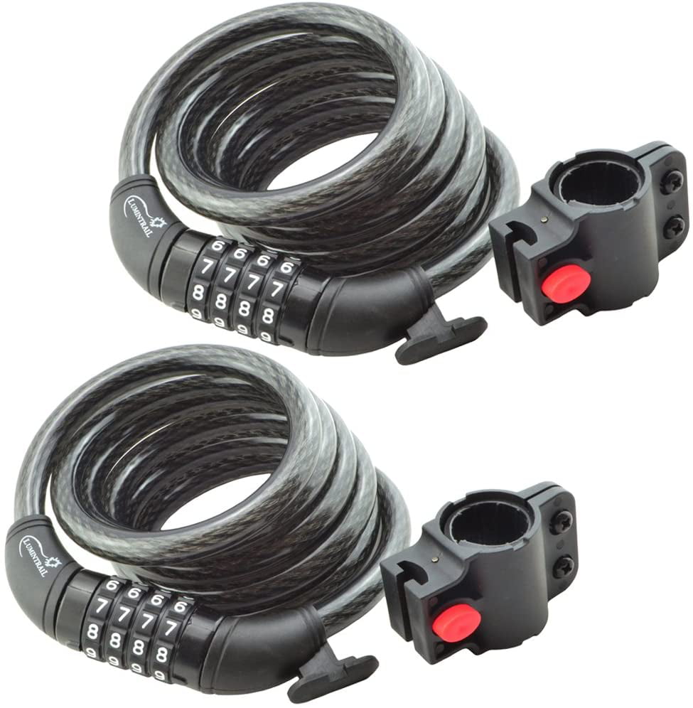 Lumintrail Bike Cable Lock 6 ft Self Coiling 12mm Braided Steel Cable Resettable Combination Cable Lock with Included Mounting Bracket (2 pack)