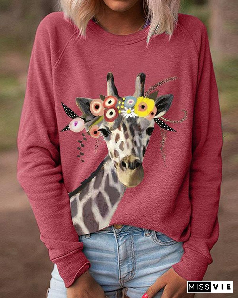 Women Giraffe Floral Print Long Sleeves Casual T-Shirts