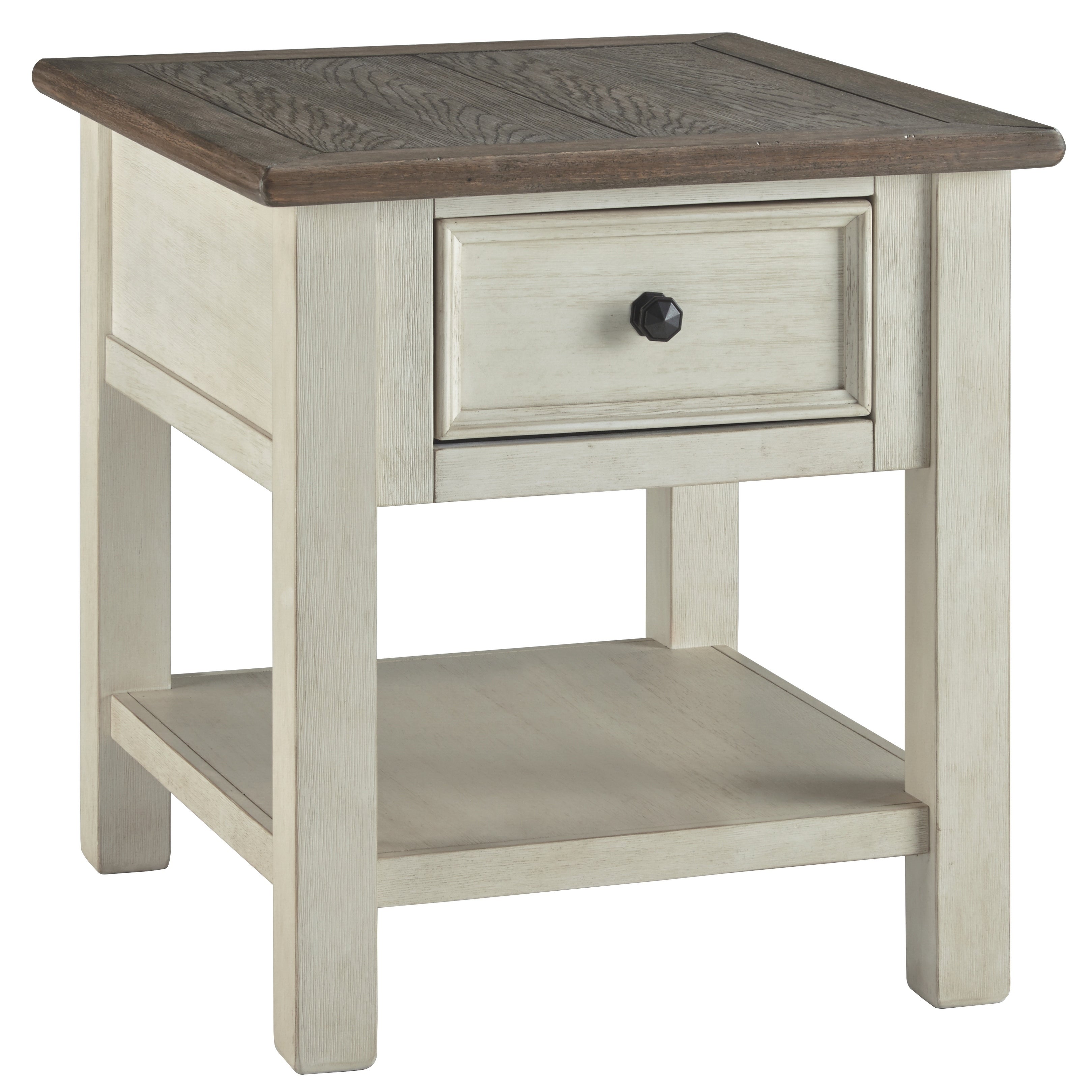 End Table With Plank Top and a Gliding Drawer， Cream and Brown