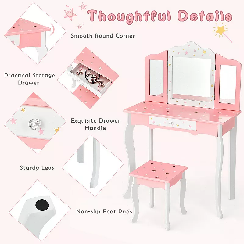 Kids Princess Vanity Table and Stool Set with Tri-folding Mirror and Drawer