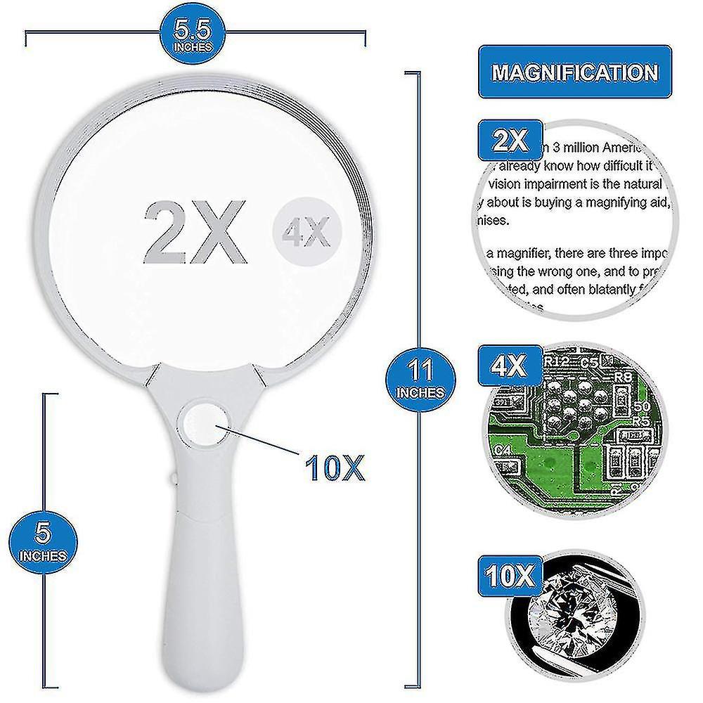 5.5 Inch Extra Large Led Handheld Magnifying Glass With Light - 2x 4x 10x Lens - Jumbo Size Illuminated Reading Magnifier For Books， Spapers，