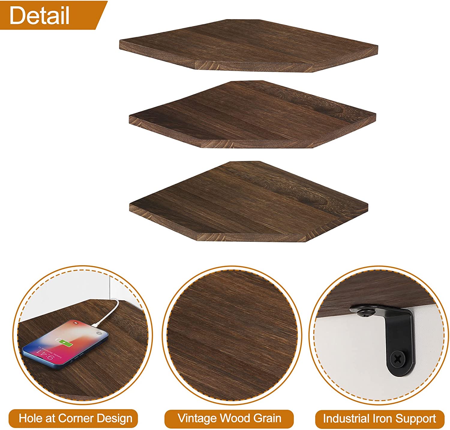 Set of 3 Floating Corner Shelves, Brown Wall Mounted Wood Shelves