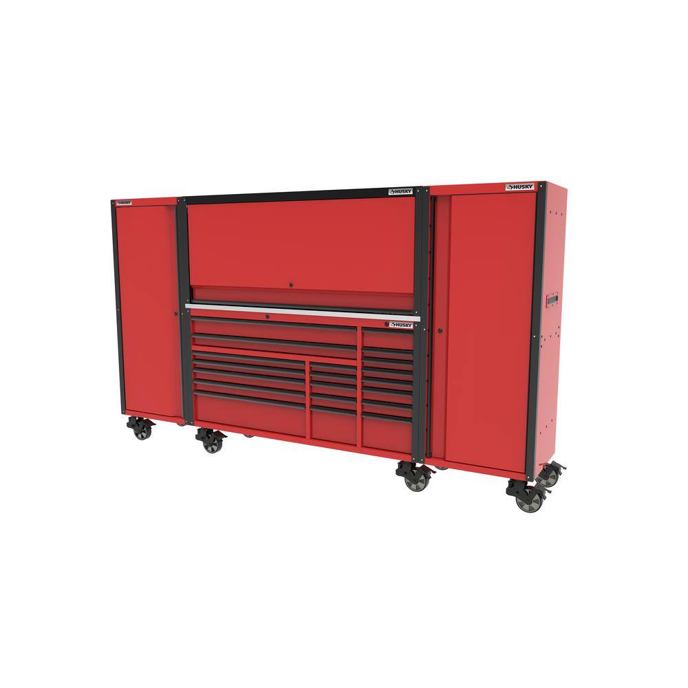 Husky 72 in. W x 24.5 in. D Professional Duty 20-Drawer Mobile Workbench Tool Chest with 2 Side Lockers and Top Hutch in Red HPROSUITE4RED