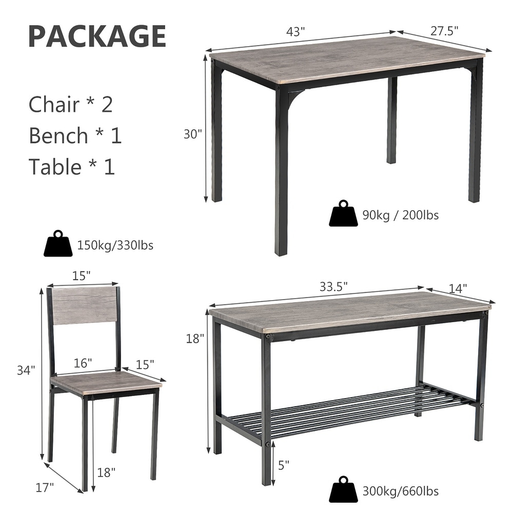 Dining Table Set Industrial Bench Dining Set with Storage Rack