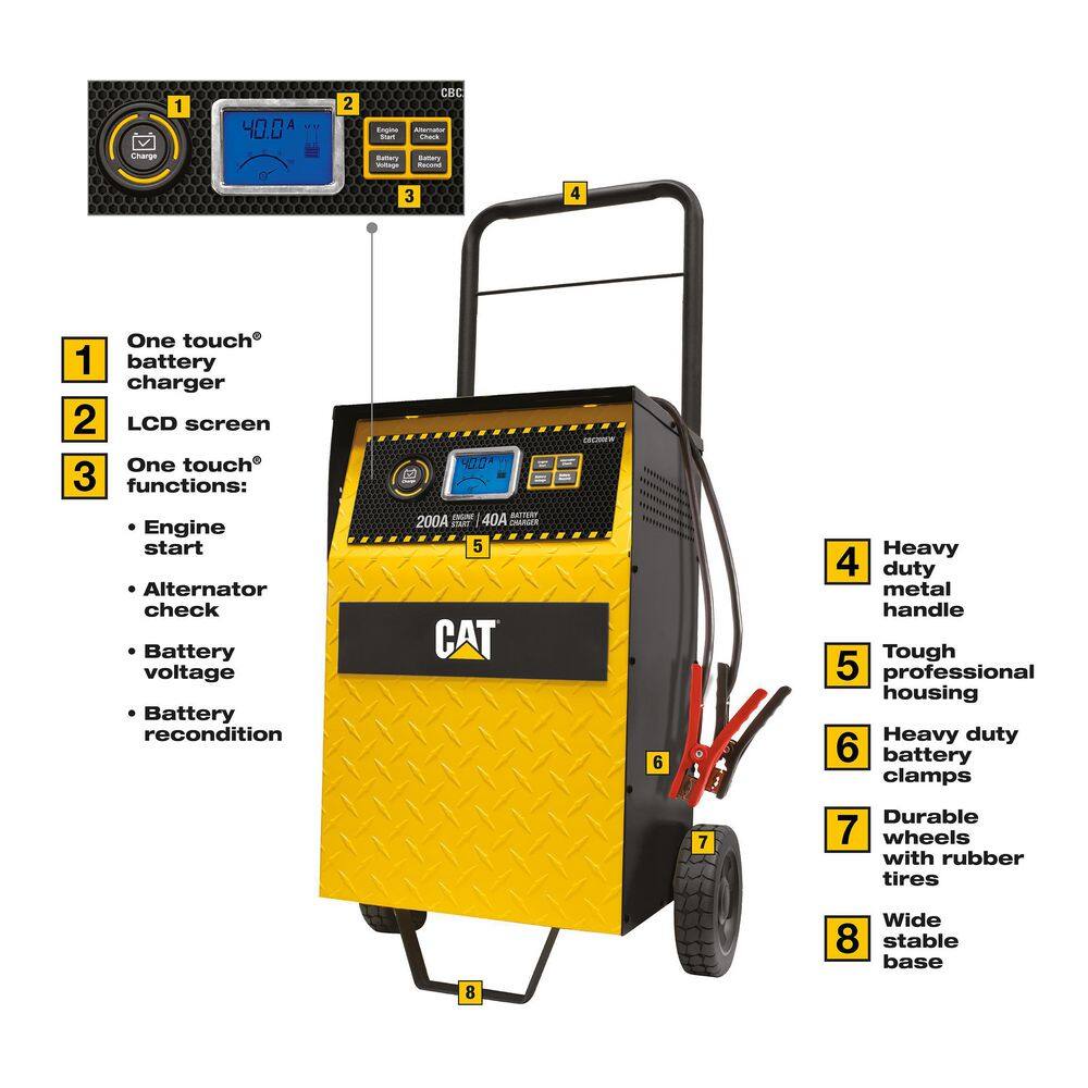 CAT Professional Rolling 40 Amp Battery Charger 3 Amp Maintainer with 200 Amp Engine Start CBC200EW