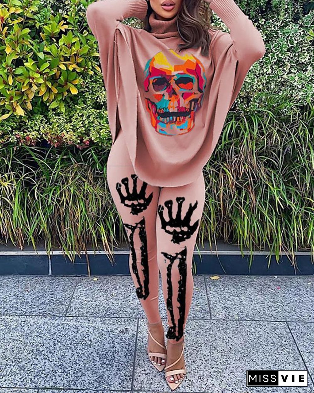 Halloween Skeleton Print High Neck Top & Pants Set P12215