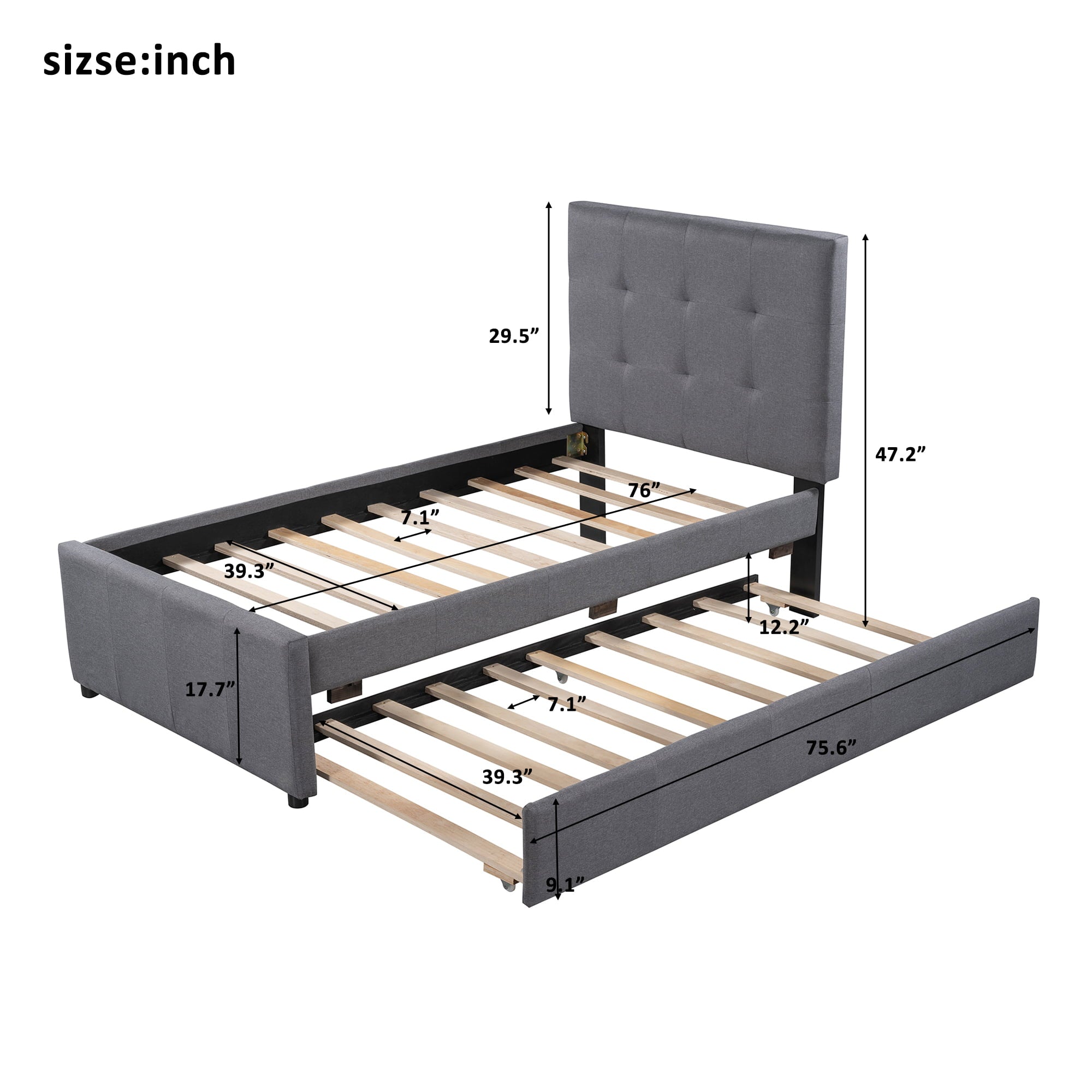 Euroco Twin Size Upholstered Platform Bed with Trundle for Kids, Gray