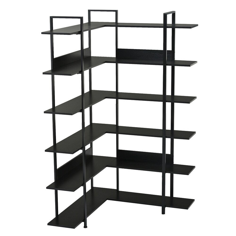 74.8 Inch Bookshelf L shape Stainless Steel Frame Corner 6 tier Shelves Adjustable Foot Pads