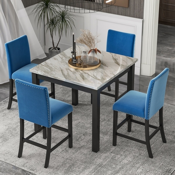 Counter Height Dining Table Set with One Faux Marble Dining Table and Four Upholstered Seat Chairs(Set of 5)