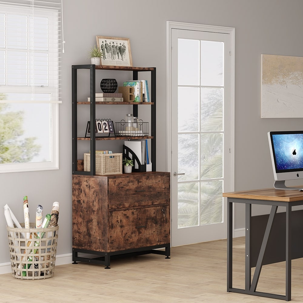 Bookshelf Bookcase with Open Storage Shelves 2 Drawer