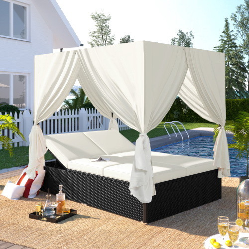 U_Style Outdoor Patio Wicker Sunbed Daybed with Cu...