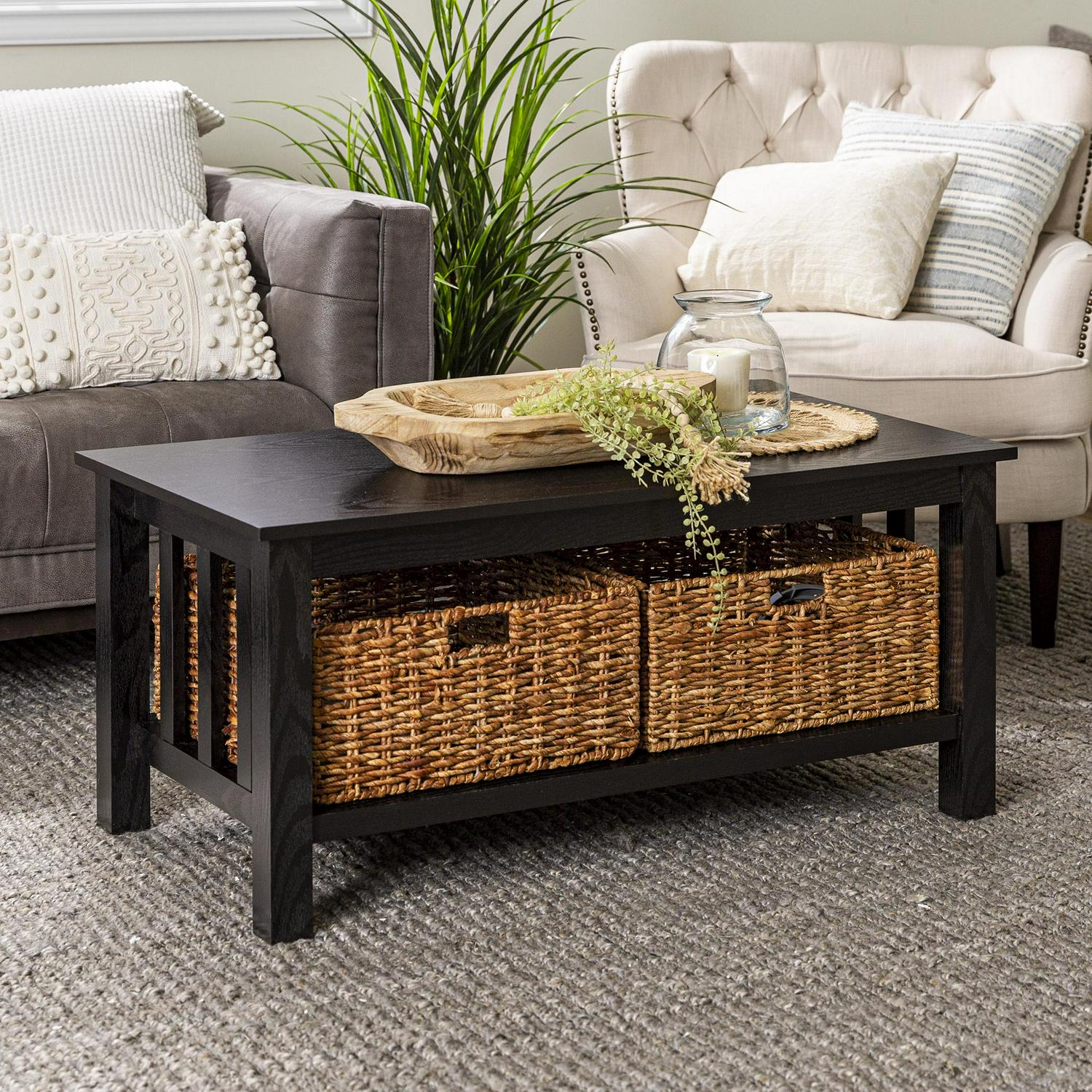 Woven Paths Traditional Storage Coffee Table with Bins， Black