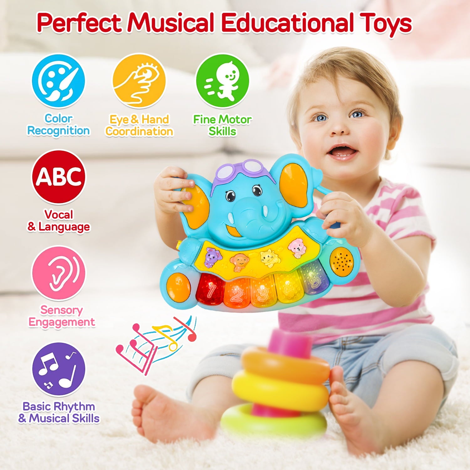 TOY Life Baby Piano Toys， Baby Toys 0 3 6 12 18 Months， Elephant Infant Toys， Newborn Baby Musical Toys， Light Up Toys for Boys Girls Toddlers， Baby Gifts for 0 3 6 12 18 Months， Baby Einstein Piano T