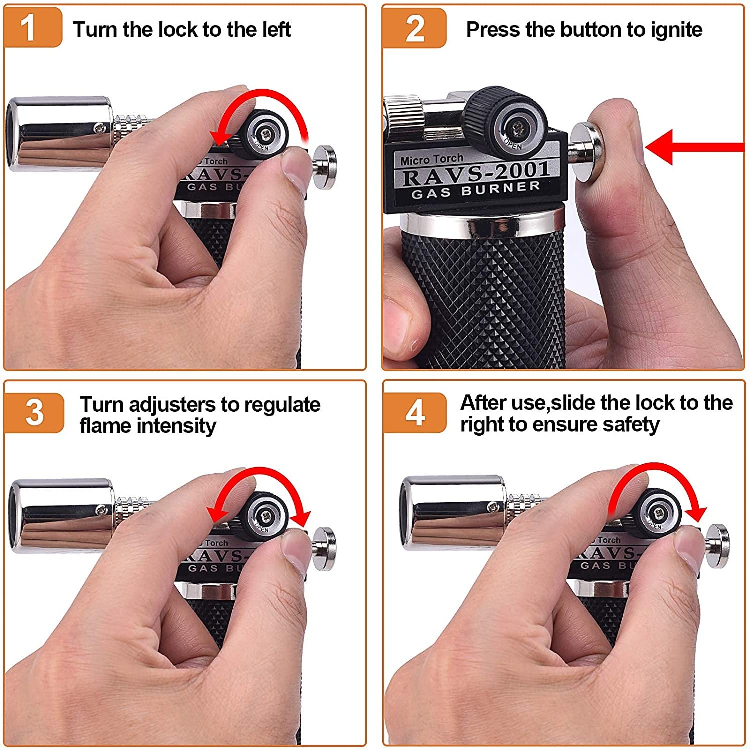 Butane Torch， Kitchen Torch Lighters Butane Refillable With Safety Lock Rotating Angles Ad