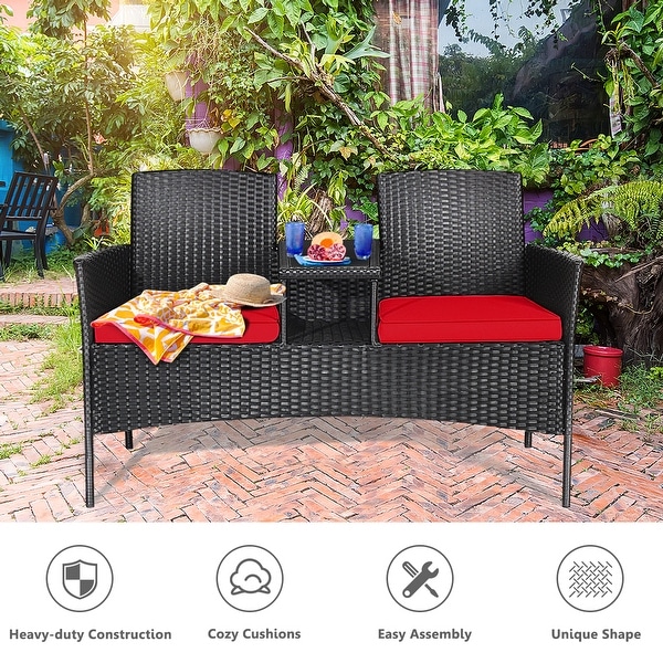 Gymax Rattan Wicker Patio Conversation Set w/ Table Red Cushion