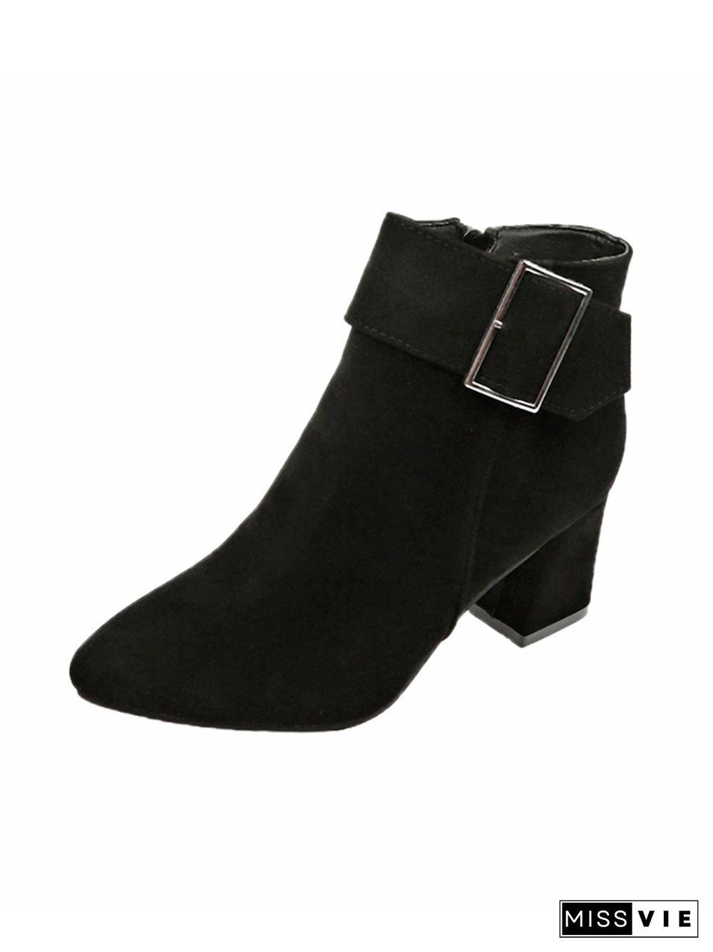 Chunky Heel Buckle Pointed-Toe Suede Martin Boots