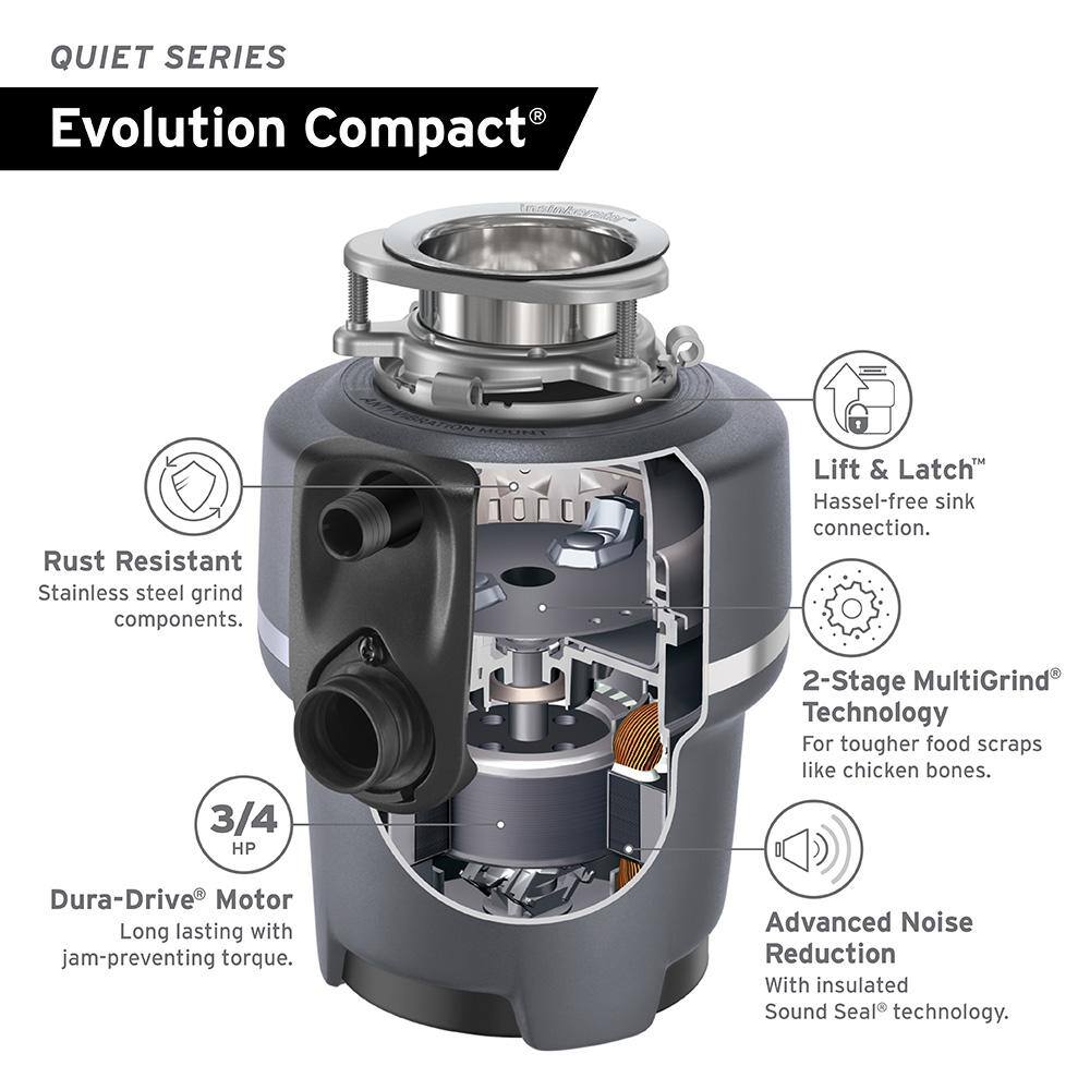 InSinkErator Evolution Compact Lift  Latch Quiet Series 34 HP Continuous Feed Garbage Disposal with Dishwasher Connector Evo Compact wDWC-00