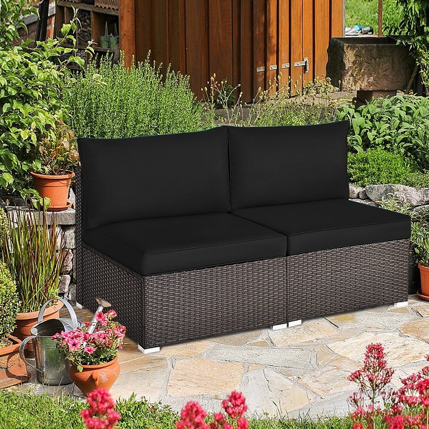 Tangkula 2pcs Patio Sectional Armless Sofas Outdoor Rattan Furniture Set W Cushions Black