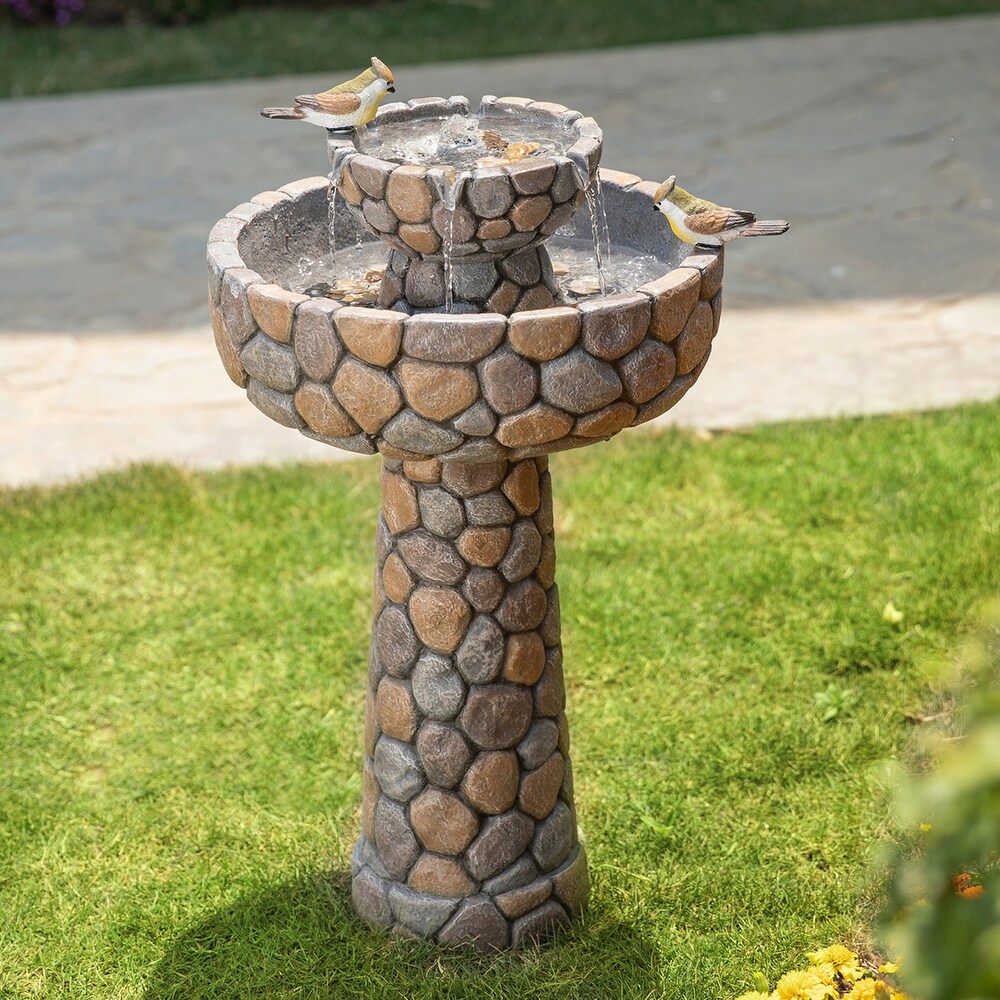 Glitzhome 24.5 inch Outdoor 2 tier Faux Pebbles Polyresin Birdbath Fountain with Pump